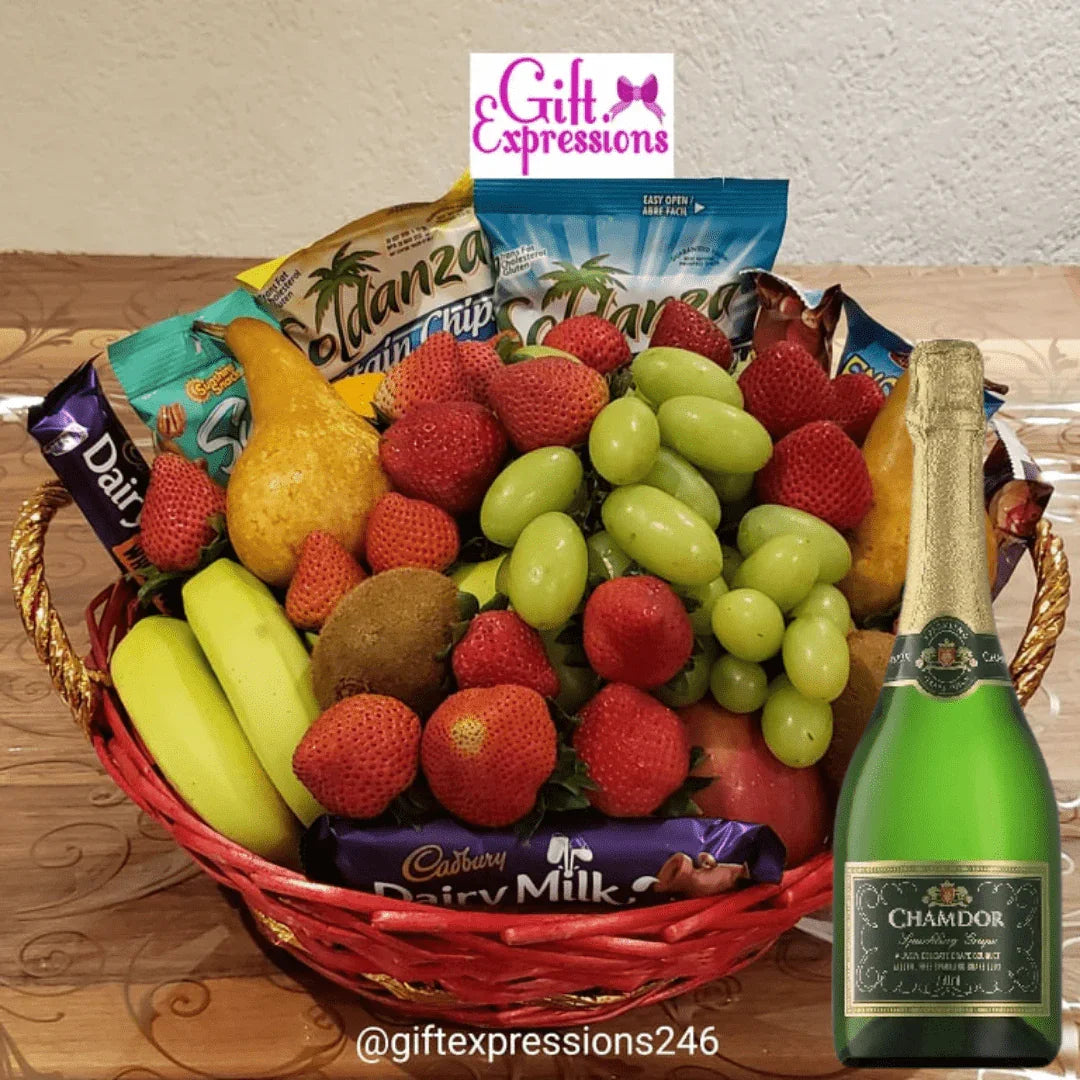 Elegant Fruit, Snacks & Non-Alcoholic Wine Basket - Gift Expressions
