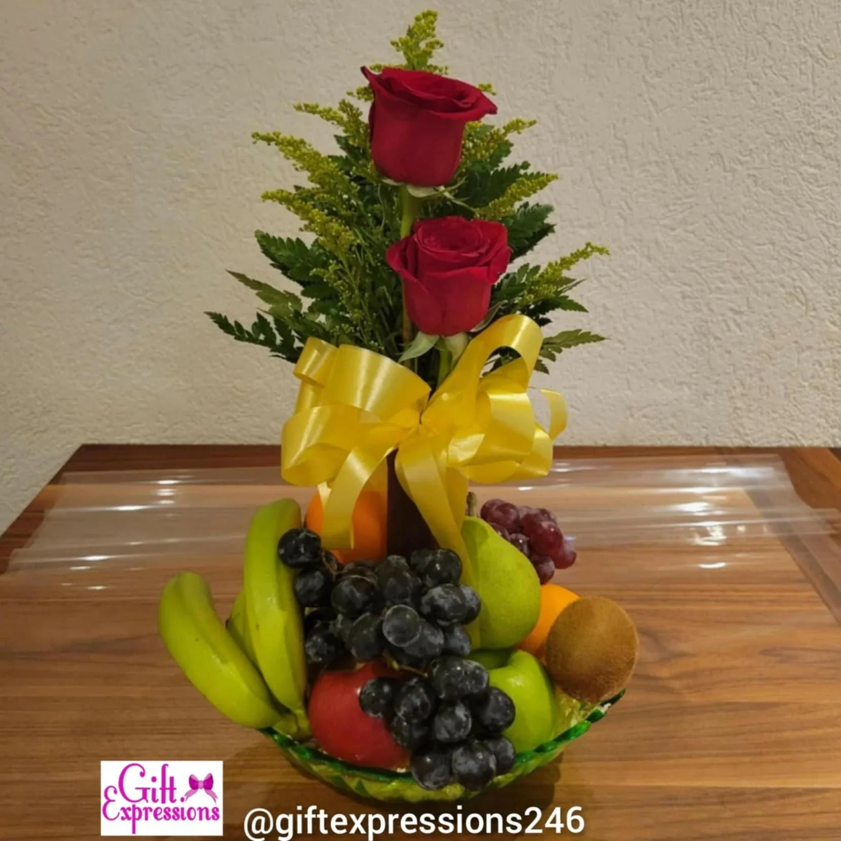 Fruit Basket With 2 Roses in a Bud Vase - Gift Expressions