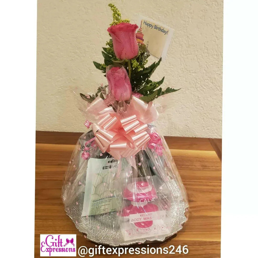 Spa Basket with 2 Roses in a Bud Vase - Gift Expressions