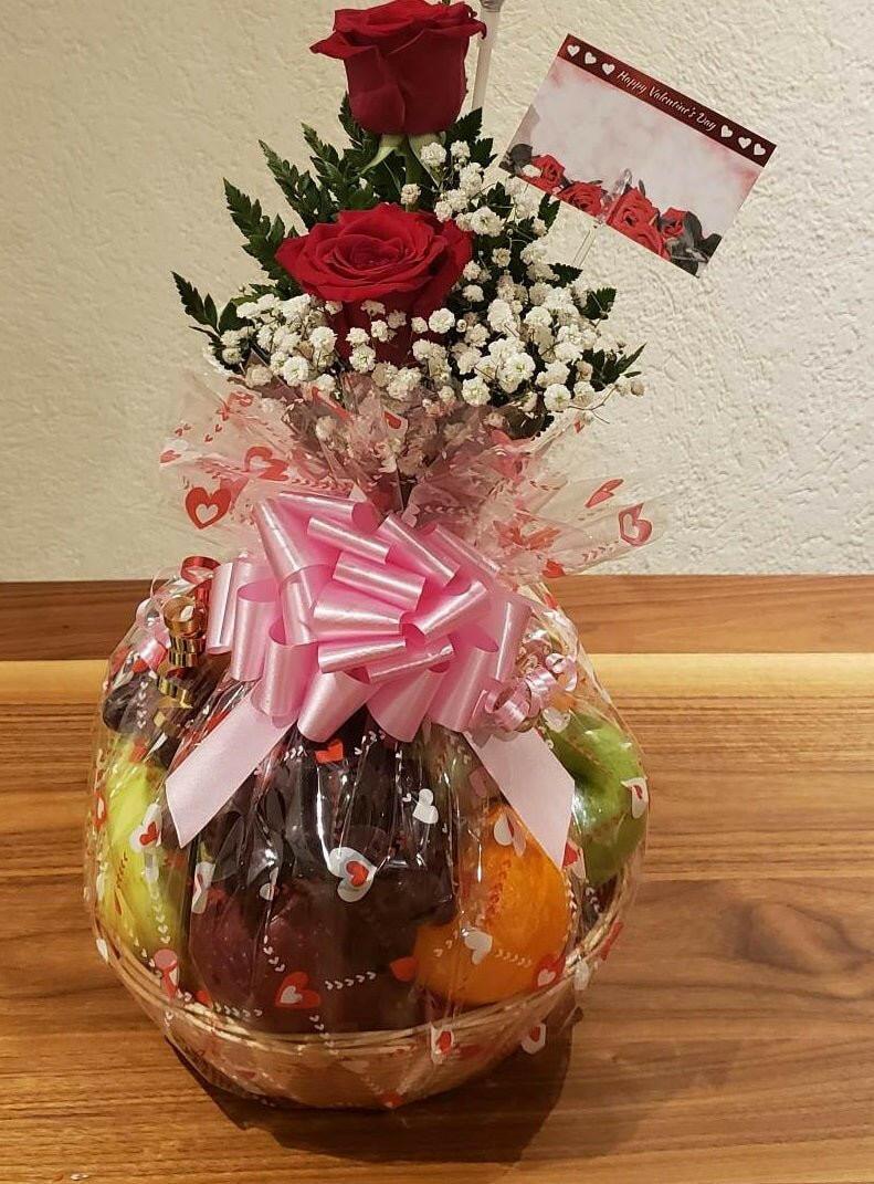 Fruit Basket With 2 Roses in a Bud Vase - Gift Expressions