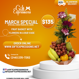 Fruit Basket With Flowers in a Bud Vase