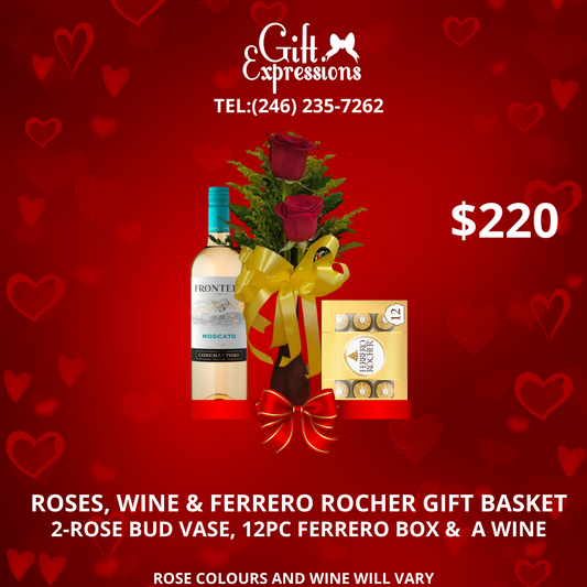 Basket with 2 Roses, Wine and Ferrero Box (12pc)