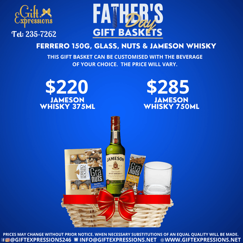Ferrero 150g, Glass, Nuts & Jameson Whisky  (375ml $220 /750ml $285) - Gift Expressions   