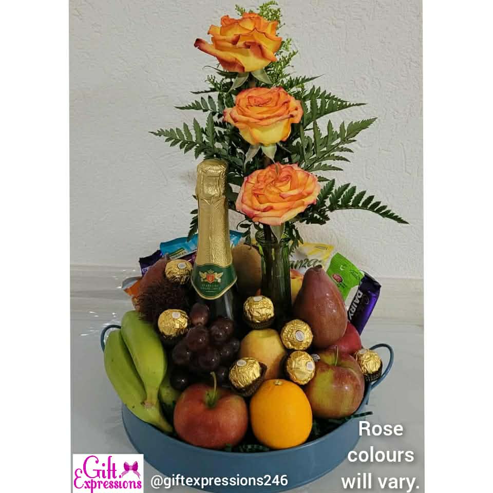Beautiful Roses, Fruit, Treats, Ferrero and Non-Alcoholic Wine Basket