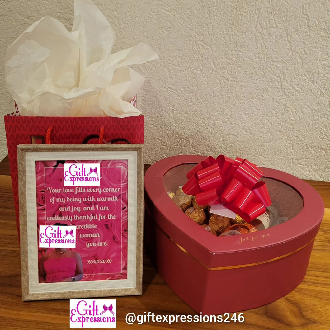 Customised Frame & Heartbox with Ferrero Rocher, Hershey's Kisses & a Mini Wine