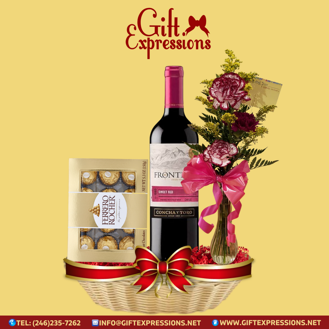 1 Box of Ferrero Rocher Chocolates 150g, 1 Wine & Flowers in s Bud Vase Gift Expressions   