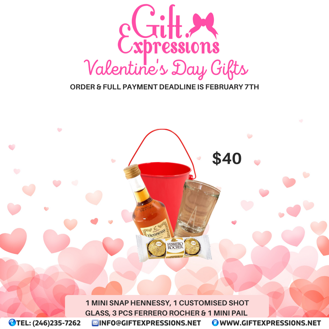 1 Mini Snap Hennessy, 1 Customised Mini Shot Glass, 3 Pc Ferrero Rocher & 1 Mini Pail Gift Expressions   