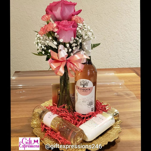 2 Roses in a Bud Vase, Ferrero Rocher Chocolates, Bath & Bodyworks & a Wine Gift Expressions   