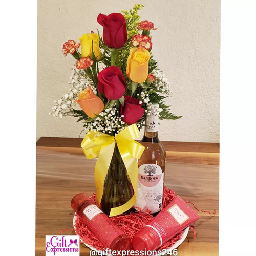6 Roses in a Vase, Bath & Bodyworks, Ferrero Rocher Chocolates & a Wine Gift Expressions   