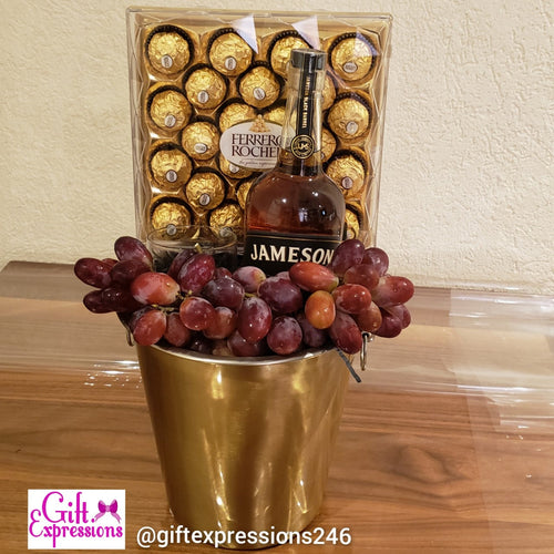 Champagne Ice Bucket, Jameson Whiskey, 1 Box of Ferrero Rocher Chocolates, 1 Scotch Glass & Grapes Gift Expressions   