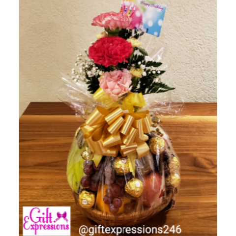 Fruit Basket with Flowers in a Bud Vase & 6 Ferrero Rocher Chocolates Gift Expressions   