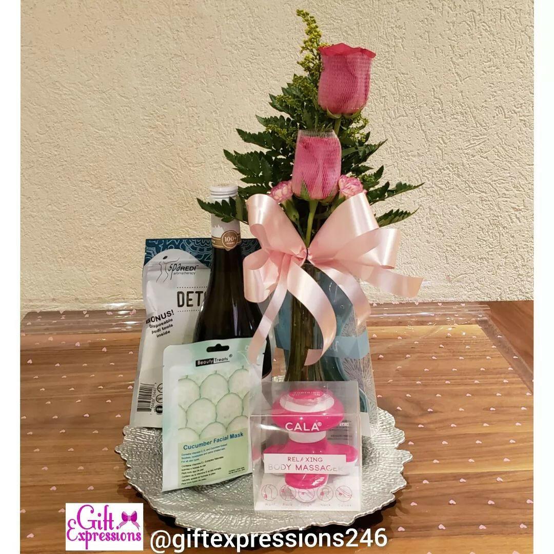 Spa Basket with 2 Roses in a Bud Vase - Gift Expressions   